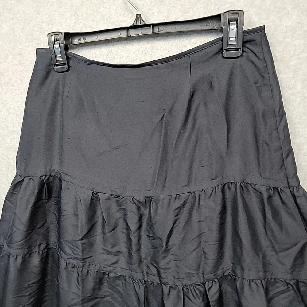 CAROLE LITTLE Silk Midi Skirt Black Embroidered Beaded Tiered Ruffle Size 6 Boho